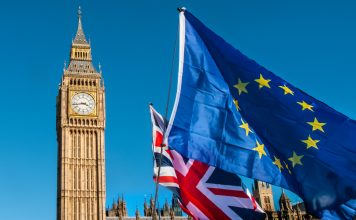 European Union and UK flags in front of Big Ben, Brexit EU