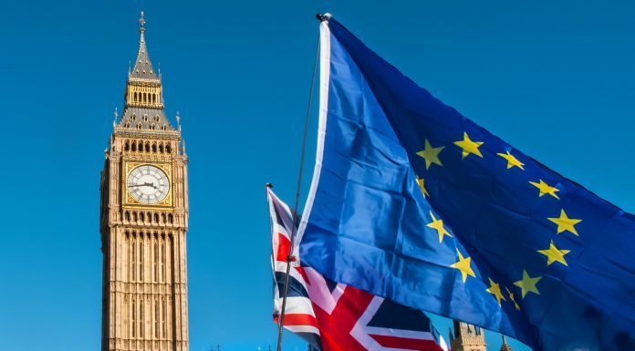European Union and UK flags in front of Big Ben, Brexit EU