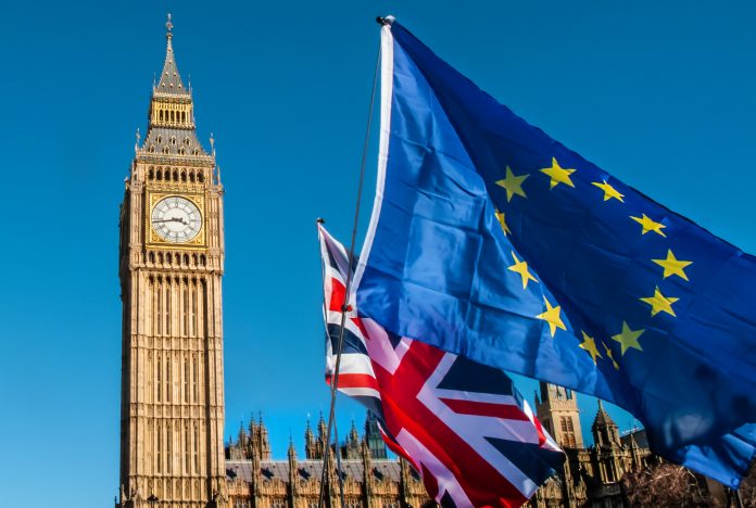 European Union and UK flags in front of Big Ben, Brexit EU