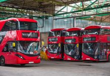 Double-decker buses at garage around Hackney in East London