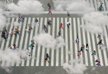 Aerial view of crowd with clowds, weather