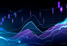 Financial rising graph and chart with lines and numbers that illustrate stock market behaviour. Concept of successful trading. Dark blue background. 3d rendering, fiscal year, government spending