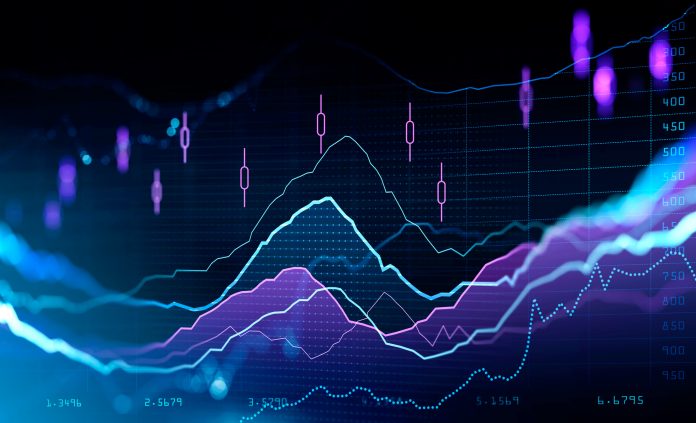 Financial rising graph and chart with lines and numbers that illustrate stock market behaviour. Concept of successful trading. Dark blue background. 3d rendering, fiscal year, government spending