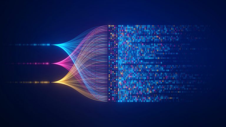 Big data technology and data science illustration. Data flow concept. Querying, analysing, visualizing complex information. Neural network for artificial intelligence. Data mining. Business analytics.