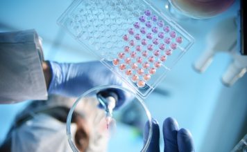 A scientist using a pipette with a microtiter plate and a petri dish