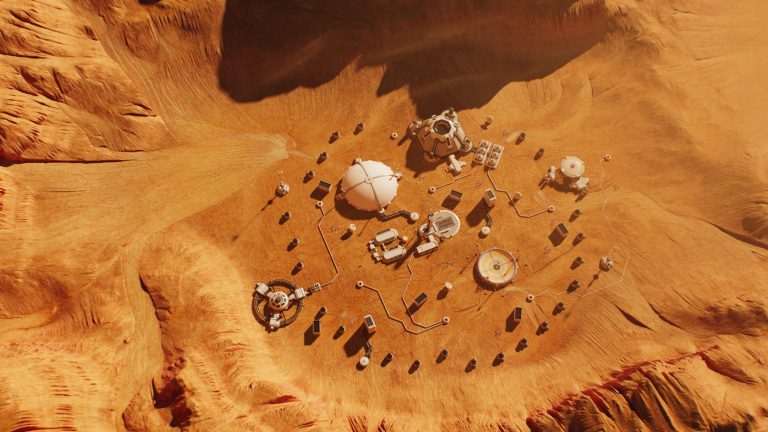 Top view of research station, colony or scientific base on Mars