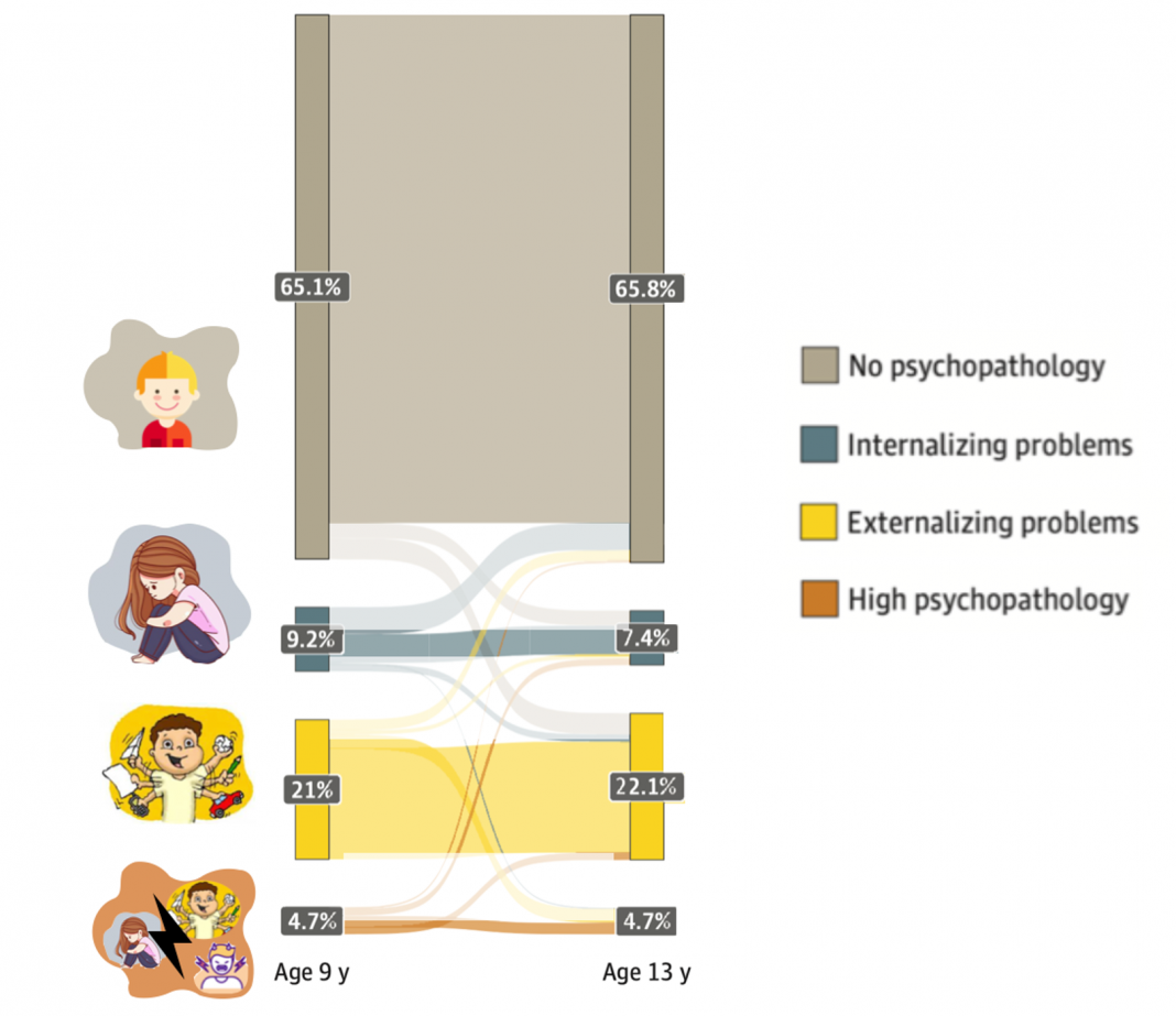Figure 1: Sankey diagram showing 2 categories of psychopathology and transitions between categories (Healy et al, 2022)