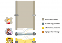 Figure 1: Sankey diagram showing 2 categories of psychopathology and transitions between categories (Healy et al, 2022)