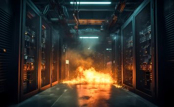 Server room Burning. Data center and supercomputer technology in fire. Generation AI.