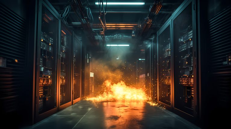 Server room Burning. Data center and supercomputer technology in fire. Generation AI.