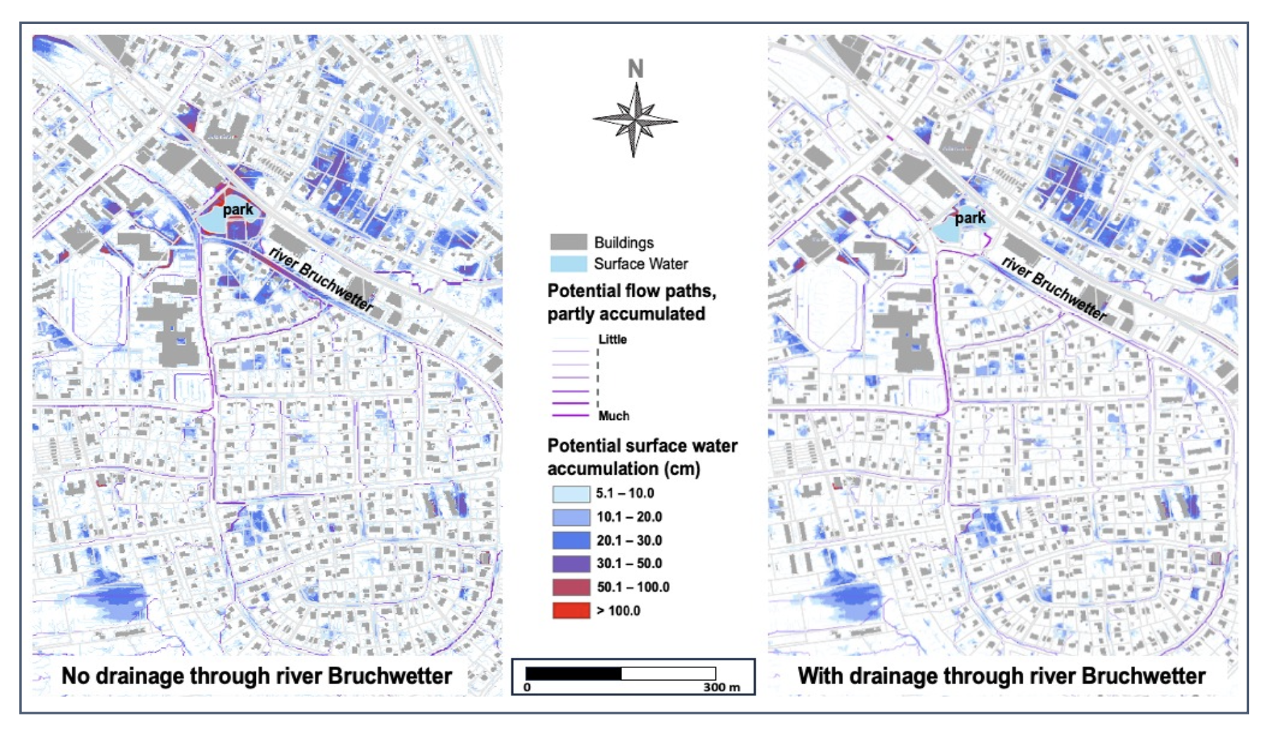 Fig.3: Comparison of surface runoff conditions in a digital twin (without and with drainage).