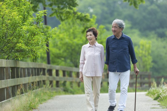 An old couple walking in the park, elderly people, primary care