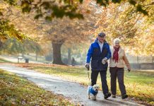 couple walking dog in park on a autum day