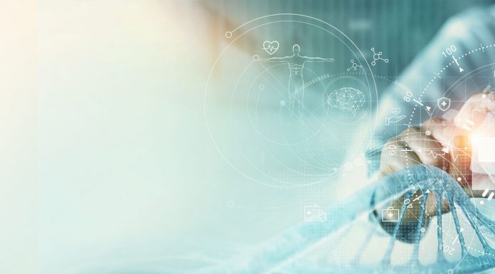 Healthcare and medical. Doctor touching white cross of healthcare and medical diagnosis of patient. Digital healthcare and network connection on modern hologram interface, DNA. medical technology