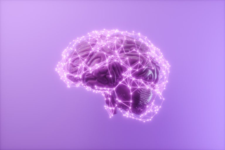 3D Human Brain With Connection Dots And Plexus Lines. Artificial Intelligence And Deep Learning Concept. 3D Rendering