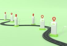 EV Electric Car stop on way road at Charging Station Location map pin Ecology refill Clean Power Battery ecology zero emission Concept isolated green background 3d rendering