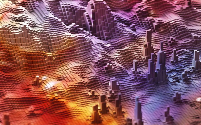 Colorful abstract cubes landscape background. 3d render illustration. Selective focus.