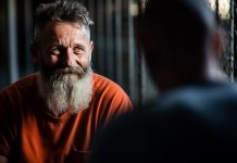 60 year old prisoner with a beard communicates with his son through glass during a visitation