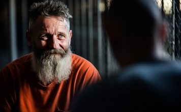 60 year old prisoner with a beard communicates with his son through glass during a visitation