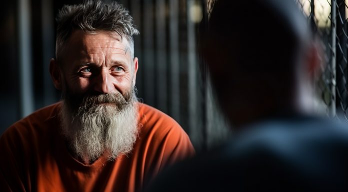 60 year old prisoner with a beard communicates with his son through glass during a visitation