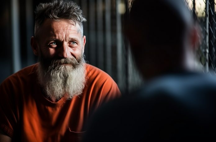 60 year old prisoner with a beard communicates with his son through glass during a visitation