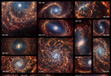 The James Webb Space Telescope observed 19 nearby face-on spiral galaxies in near- and mid-infrared light as part of its contributions to the Physics at High Angular resolution in Nearby GalaxieS (PHANGS) program. PHANGS also includes images and data from NASA’s Hubble Space Telescope, the Very Large Telescope’s Multi-Unit Spectroscopic Explorer, and the Atacama Large Millimeter/submillimeter Array, which included observations taken in ultraviolet, visible, and radio light. NASA, ESA, CSA, STScI, Janice Lee (STScI), Thomas Williams (Oxford), PHANGS Team, Elizabeth Wheatley (STScI)