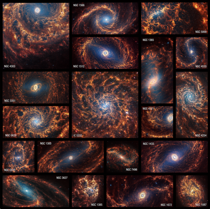 The James Webb Space Telescope observed 19 nearby face-on spiral galaxies in near- and mid-infrared light as part of its contributions to the Physics at High Angular resolution in Nearby GalaxieS (PHANGS) program. PHANGS also includes images and data from NASA’s Hubble Space Telescope, the Very Large Telescope’s Multi-Unit Spectroscopic Explorer, and the Atacama Large Millimeter/submillimeter Array, which included observations taken in ultraviolet, visible, and radio light. NASA, ESA, CSA, STScI, Janice Lee (STScI), Thomas Williams (Oxford), PHANGS Team, Elizabeth Wheatley (STScI)