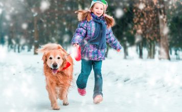 beautiful little girl with her dog on the snow in winter