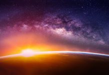 Landscape with Milky way galaxy. Sunrise and Earth view from space with Milky way galaxy. (Elements of this image furnished by NASA)