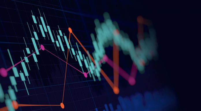 Abstract financial graph with up trend line candlestick chart in stock market on neon light colour background