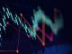 Abstract financial graph with up trend line candlestick chart in stock market on neon light colour background