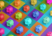 Array of piggy banks in saturated colours on high colour contrast background. Illustration of the concept of bank savings, financial investment and multiple sources of income