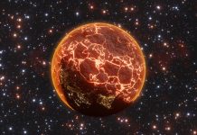 Orange glowing cracks of lava on the surface of the planet Earth on starry background. Illustration of the concept of doomsday, apocalypse and natural disaster