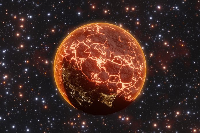 Orange glowing cracks of lava on the surface of the planet Earth on starry background. Illustration of the concept of doomsday, apocalypse and natural disaster