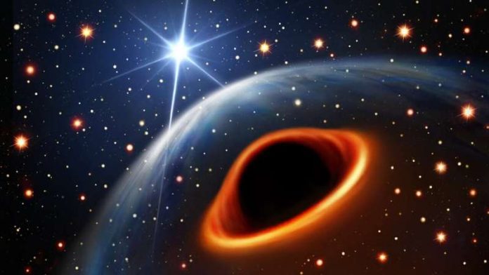 An artist’s impression of the system assuming that the massive companion star is a black hole. The brightest background star is its orbital companion, the radio pulsar PSR J0514-4002E. The two stars are separated by 8 million km and circle each other every seven days. Credit: Daniëlle Futselaar (artsource.nl)