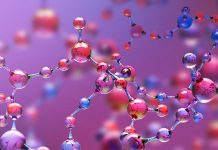 Transparent blue and purple abstract molecule model over blurred blue and purple molecule background. Concept of science, chemistry, medicine and microscopic research. 3d rendering copy space