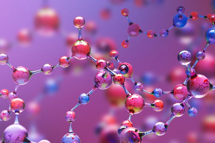 Transparent blue and purple abstract molecule model over blurred blue and purple molecule background. Concept of science, chemistry, medicine and microscopic research. 3d rendering copy space