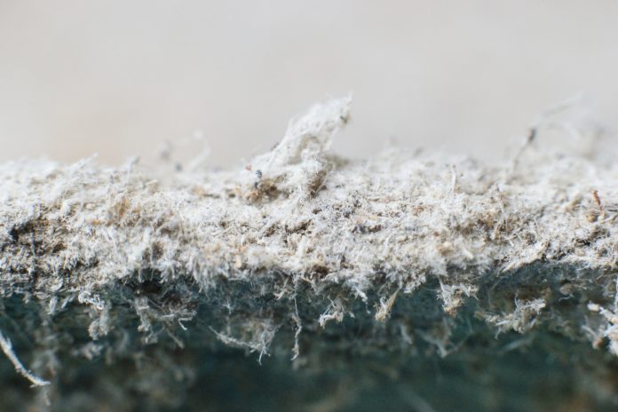 Detailed photography of constructional material with asbestos fibres. Health harmful and hazards effects. Prolonged inhalation of microscopical fibers causes fatal illnesses including lung cancer.