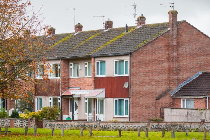 Row of English terraced social houses in Bristol, England