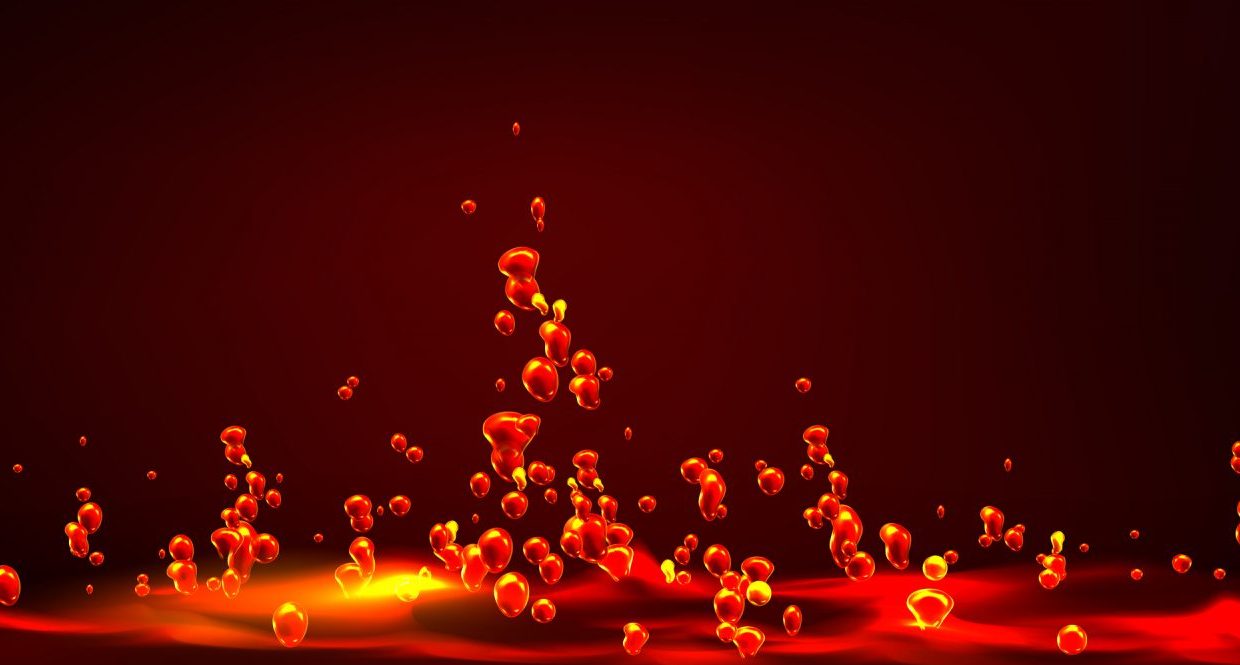 Boiling water, abstract background with red bubbles flying up from glowing liquid surface, dynamic motion. Hell lava, aqua, random moving seether or fizzing, Realistic 3d vector illustration, template