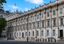 A street view of the United Kingdom government department offices in Whitehall, Westminster, London.