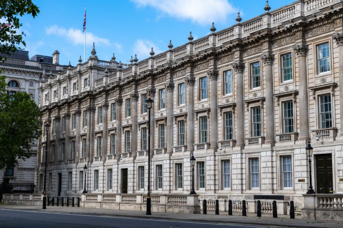 A street view of the United Kingdom government department offices in Whitehall, Westminster, London.