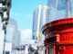 Postbox in London beneath skyscrapers