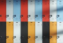 Array of metallic colorful lockers forming a wall. 3D illustration of the concept of storage of clothing and personal items at schools and gyms