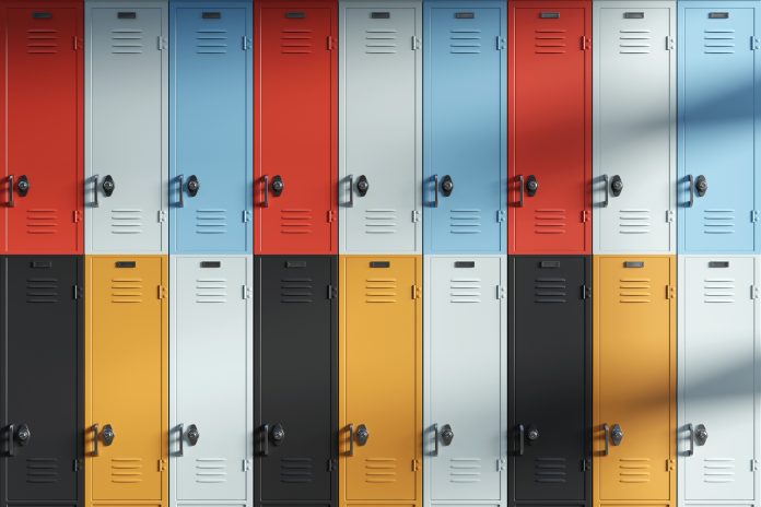 Array of metallic colorful lockers forming a wall. 3D illustration of the concept of storage of clothing and personal items at schools and gyms