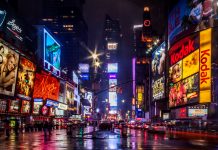 New York, USA: October 26th, 2008: Times Square Manhattan at the evening and during rain