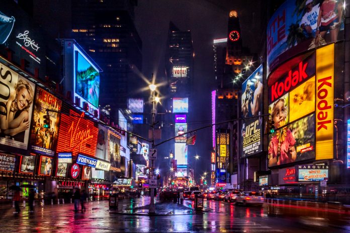 New York, USA: October 26th, 2008: Times Square Manhattan at the evening and during rain