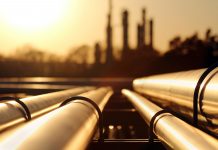 golden sunset in crude oil refinery with pipeline system, sewers, Green Heating Project