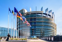 Entrance of the Louise Weiss building, seat of the European Parliament in Strasbourg, France.