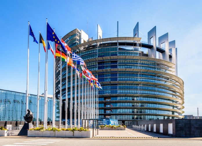 Entrance of the Louise Weiss building, seat of the European Parliament in Strasbourg, France.